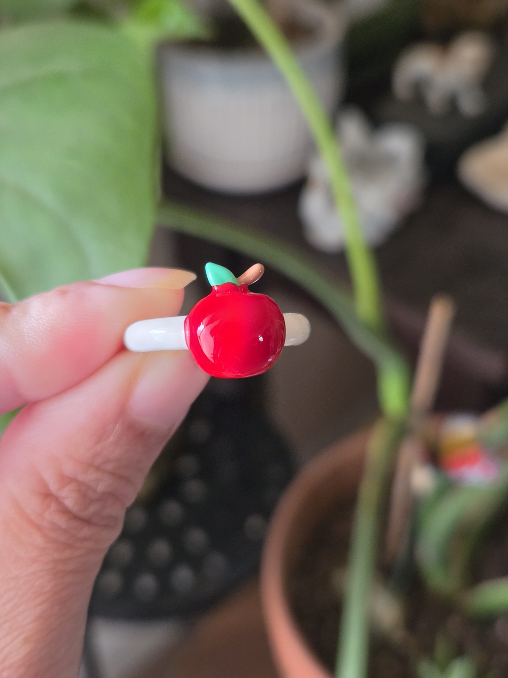 Red Apple Ring with Green Leaf Accent